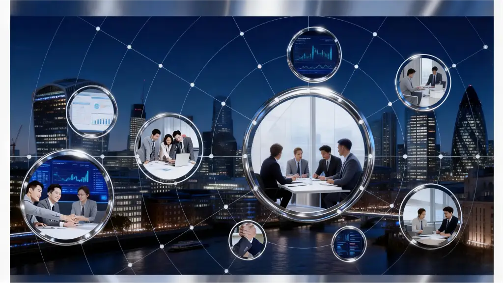 jimeng 2025 12 23 3316 参考图1的风格和构图，以伦敦金融城为背景，中央圆形框架内是团队会议场景，周围小窗...