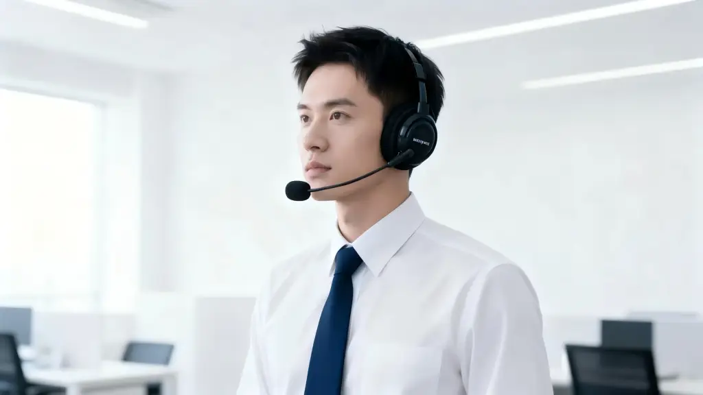 jimeng 2025 12 23 7368 参考图1，一位中国男性接线员认真工作，戴黑色耳麦，穿白色衬衫和深蓝色领带，背景是...